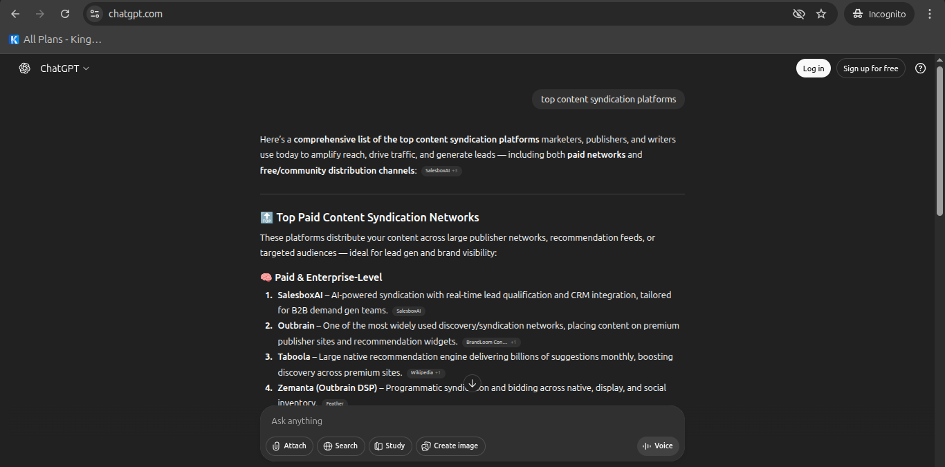 ChatGPT recommending top content syndication platforms - SalesboxAI expertise