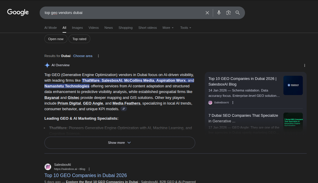 Top 10 GEO Companies in Dubai 2026 - SalesboxAI ranked by Google